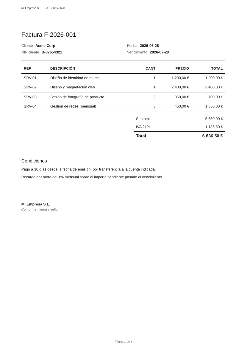 Plantilla de Factura en PDF