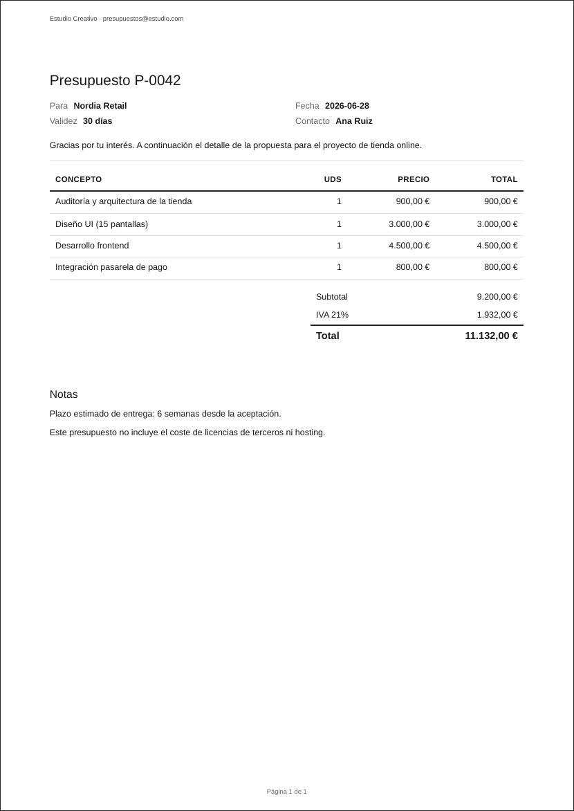 Plantilla de Presupuesto en PDF